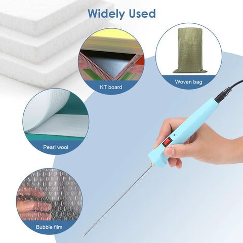 Hand holding Electric Foam Cutter Pen With Quick Heat Up 24W Hot Wire Cutter for Polystyrene, shown with various materials.
