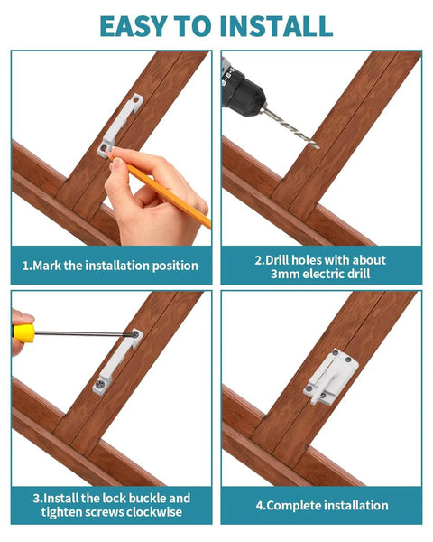 Installation steps for Two Piece Window Sash Locks Replacement Latches for sliding windows with screws included shown on wooden frame.