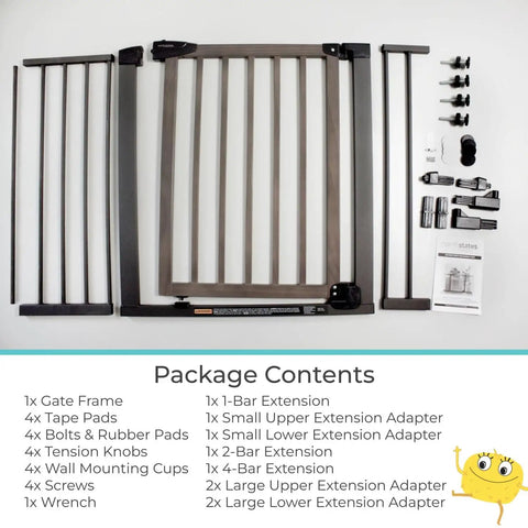 Extra Wide Auto Close Baby Gate With Hold Open For Busy Homes Kid Friendly Safety Gate For Families components in package.