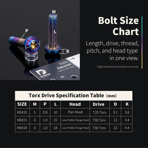 Heavy Duty Titanium Fasteners With A Slick Burnt Blue Finish M6 X 18mm Fully Threaded T30 Torx Button Head Screws with size chart