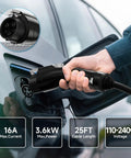 Hassle Free Level One EV Charger Built Tough For Weekend Drives Featuring A Twenty Five Foot Heavy Duty Cable Plus Smart Overload Protection For Easy Garage Juice Top Ups That Keep Your Daily Whip Running Smooth Without Any Sweat On Long Road Trips, charging an EV with 25FT cable.