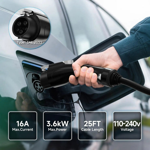 Hassle Free Level One EV Charger Built Tough For Weekend Drives Featuring A Twenty Five Foot Heavy Duty Cable Plus Smart Overload Protection For Easy Garage Juice Top Ups That Keep Your Daily Whip Running Smooth Without Any Sweat On Long Road Trips, charging an EV with 25FT cable.