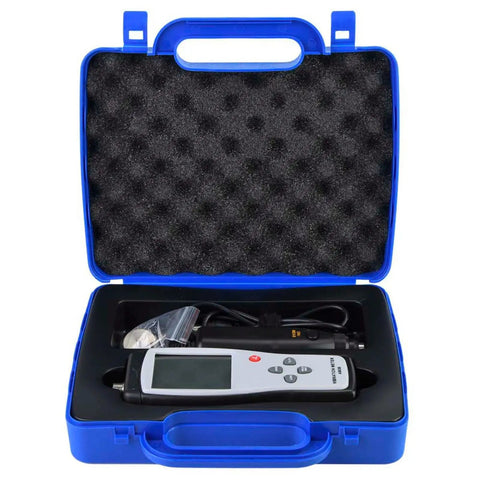 Professional Lcd Vibration Analyzer Meter in blue storage case with accessories for measuring motor and shaft shake.