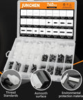 Open box displaying Nylon Hex Spacers And Standoffs Kit All In One, 740 Pieces Black And White M2.5 Assortment For PCBs And UAVs.