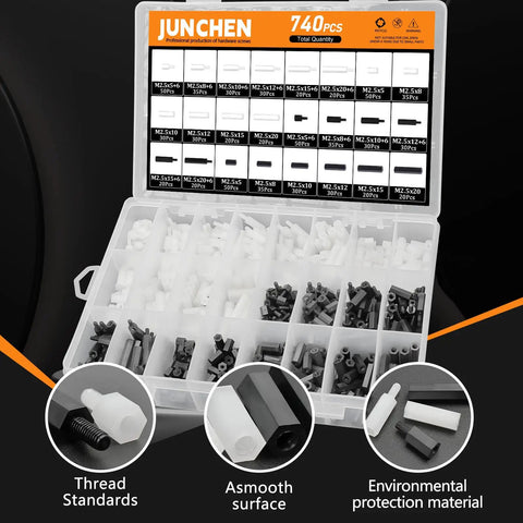 Open box displaying Nylon Hex Spacers And Standoffs Kit All In One, 740 Pieces Black And White M2.5 Assortment For PCBs And UAVs.