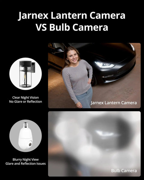 Comparison between Jarnex Lantern Camera and bulb camera with clear vision and glare issues.