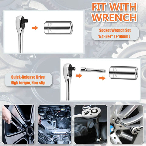 Universal Socket Wrench Tool Kit 7 To 19 Millimeter Socket Grip Set with Three Eighths Inch Ratchet and Drill Adapter in use.
