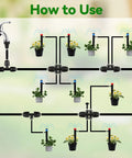 Diagram of Drip Irrigation Fittings Kit 1/2 Inch To 1/4 Inch Quick Connect With Four Plugs Fits 12/16mm To 4/7mm Tubing Anti Leak Four Way Splitter showing water flow in garden setup.