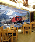 Self Adhesive Train Wall Mural With Steam Locomotive Design in dining room with snowy mountain backdrop, 118 x 82.7 in