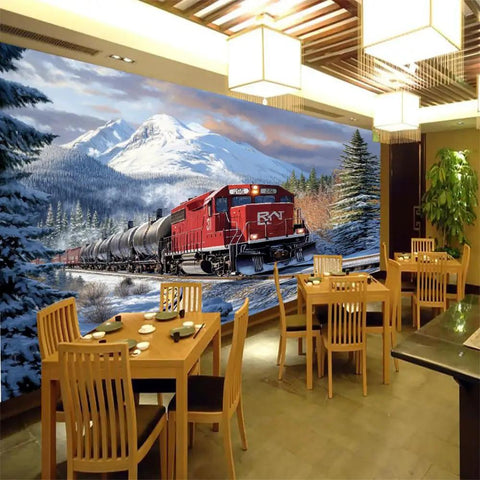 Self Adhesive Train Wall Mural With Steam Locomotive Design in dining room with snowy mountain backdrop, 118 x 82.7 in