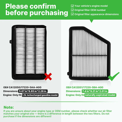 Engine And Cabin Air Filter Set For Honda Civic 2016 to 2026 2.0L Naturally Aspirated And Honda HRV 2023 to 2026 2.0L Not For Type R Replacement CF11182 CA12051 showing filter dimensions and compatibility.
