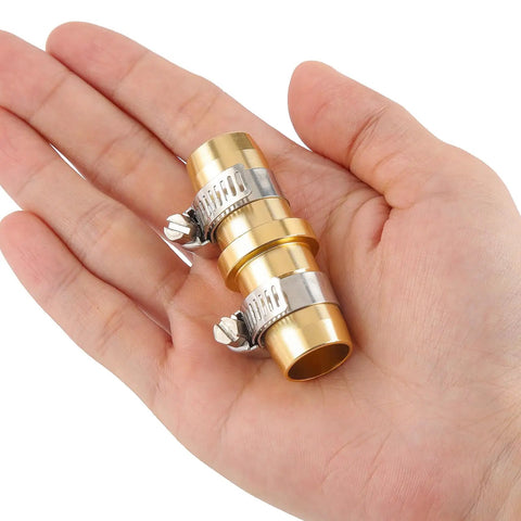 Hand holding 4 Pack Garden Hose Repair Kit With Stainless Clamp For 3/4 To 5/8 Inch Hoses, Aluminum Splice Fittings For Quick Fixes