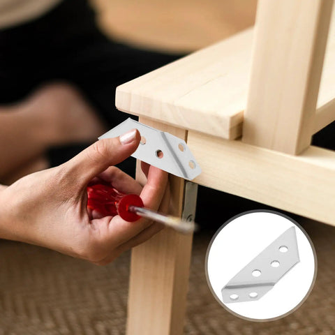 Person installing a 4 Pack Stainless Steel Angle Brackets Thickened Design Heavy Duty Triangle Corner Supports With Screws For Shelves And Cabinets