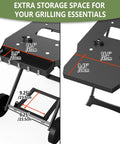 Dimensions and features of the Portable Grill Cart For 17 And 22 Inch Griddles with foldable table and propane tank holder.