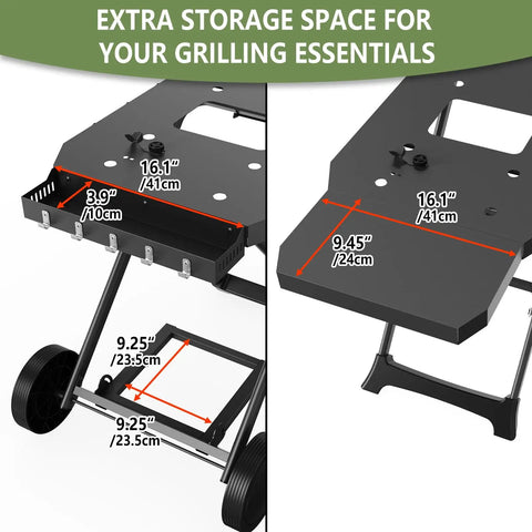 Dimensions and features of the Portable Grill Cart For 17 And 22 Inch Griddles with foldable table and propane tank holder.