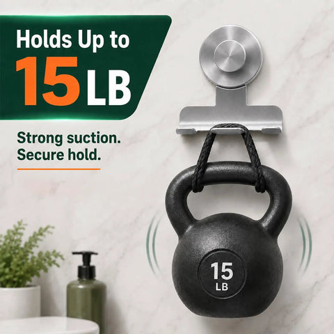 Two Pack Beefy Aluminum Suction Cup Razor Holder For Shower No Sweat Setup On Tile Keeps Razors And Shower Essentials Snug With Sure Twist Lock Base In Classic Brushed Silver Finish holds 15 LB kettlebell with strong suction.