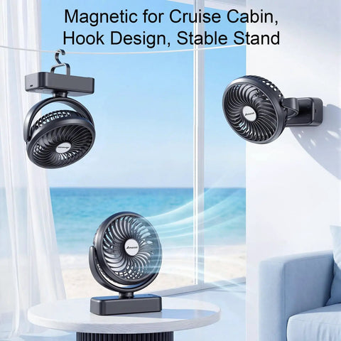 Magnetic Cruise Golf Cart Fan 10000mAh Portable Cooling Buddy with hook, stand, and wall mount options in beach setting