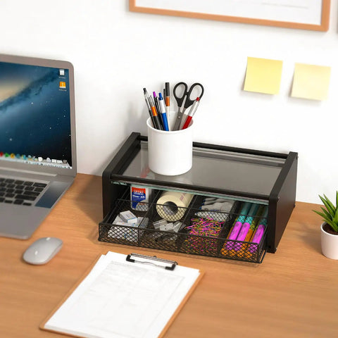 All In One Tea Bag Organizer With Drawers for Kitchen Countertop and Office, wooden tea station storage with divided compartments, desk setup