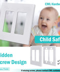 Screwless Decorator Wall Plate 2 Gang Outlet Covers Four Pack White Standard Size 4.68 by 4.72 Inches Smooth Face Hidden Screws