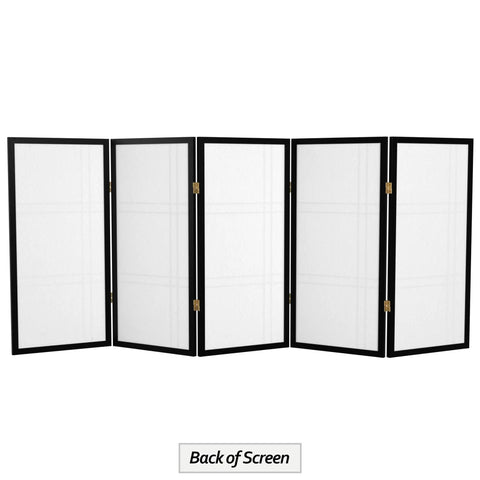 Back view of Compact 3 Ft Double Cross Shoji Room Divider In Black 5 Panels Lightweight Privacy Screen With Rice Paper Panels