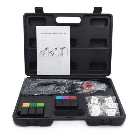 Open case of Hand Nut Riveter Kit with Quick Change Head, 330mm Reach, parts and manual visible