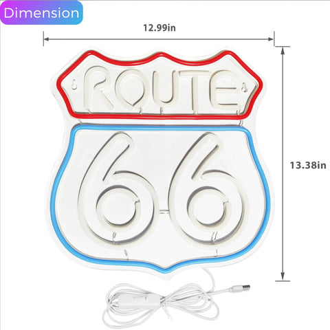 Blue Neon Sign Light For Bedroom Wall Decor Acrylic LED Neon Sign For Game Room Party Bar Club Dope Vibe Space Accent Perfect For Teen Rooms And Social Areas featuring Route 66 design with dimensions and USB cord visible.
