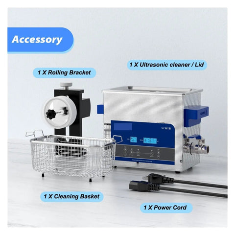 Fully Automatic 6L Ultrasonic Vinyl Record Cleaner With Sturdy Bracket For 7 To 12 Inch Lp Records Delivers Straight Fire Audio With Total Ease Rapid Cycle Tech Guards Deepest Grooves For Your Top Shelf Music Vault Every Single Day, featuring the cleaner, rolling bracket, cleaning basket, and power cord.