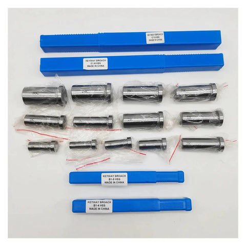 22 Piece Pro Grade Keyway Broach Set For HSS Broaching Tools, Metric Range 12 To 30, Includes Bushing Shim Kit, set displayed