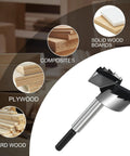 One Point Five Inch Forstner Drill Bit Woodworking Projects Hex Shank Hss Steel Creates Smooth As Butter Holes In Hardwood Softwood Plywood And Plastic With Zero Sweat next to various wood types.
