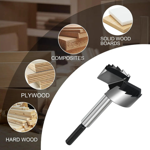 One Point Five Inch Forstner Drill Bit Woodworking Projects Hex Shank Hss Steel Creates Smooth As Butter Holes In Hardwood Softwood Plywood And Plastic With Zero Sweat next to various wood types.
