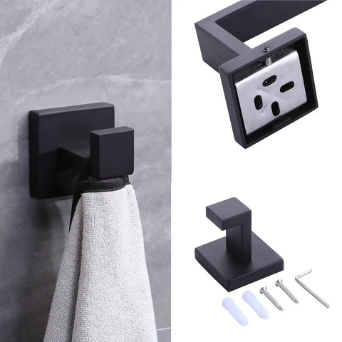Matte Black 5 Piece Stainless Steel Bathroom Hardware Set With 23 Inch Towel Bar And Towel Rack Rustproof SUS 304 wall hook detail