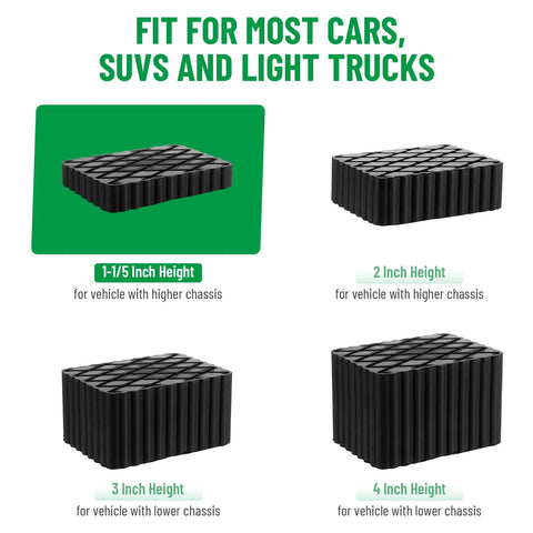 Racewill four-pack solid rubber auto lift pads with anti-skid top; heights 1-1/5, 2, 3, 4 in for car lifts and jacks