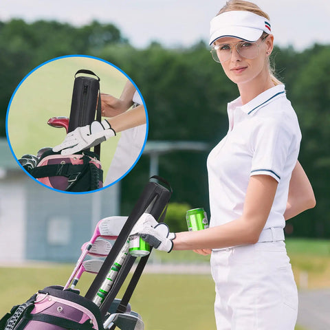 Golfer placing a can in a Seven Can Insulated Beer Sleeve Sling For Golf Bags Waterproof 600D Oxford Cooler With Thermal Insulation
