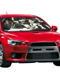 Red car with Funny Windshield Sun Shade For Cars, UV Blocking Car Sun Shade, 51 X 27.5 Inches, with bubble aluminum film.
