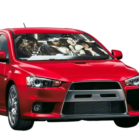 Red car with Funny Windshield Sun Shade For Cars, UV Blocking Car Sun Shade, 51 X 27.5 Inches, with bubble aluminum film.