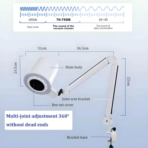 Game Changing Nail Dust Extractor With Bright Dimmable Led Lamp and Tunable Suction Power showing adjustable arm and dimensions.