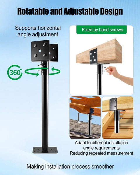 Adjustable Three Pack 3.6 Inch Pergola Roof Riser Brackets installed on wood, black finish, for 18 Inch high pergolas, outdoor use.