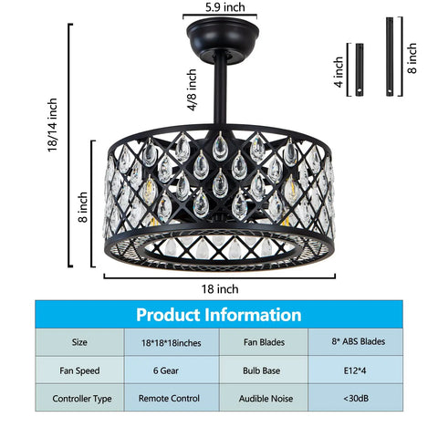 Dimensional image of Crystal Caged Fandelier With Remote Control Lights, Bladeless Ceiling Fan With Crystal Raindrop Framing