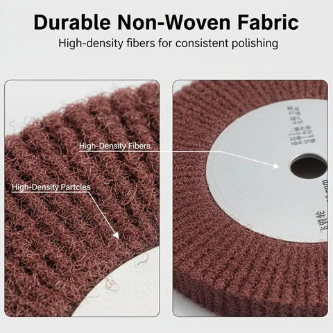 Close-up view of 2 Pack 8 Inch Non-Woven Polishing Wheels 320 Grit Nylon Flap Wheels For Die Grinder Or Bench Grinder Red Finish