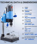 Mini Benchtop Drill Press Kit With 16 Piece All Material Drill Bits, 1200W Motor, 6 Speed 2800 RPM, blue tool specifications
