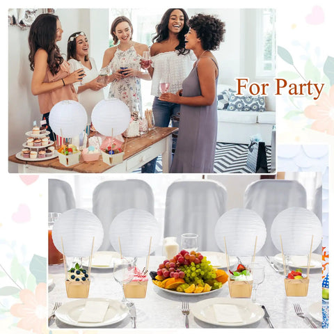 Easy DIY Hot Air Balloon Centerpieces Kit With White Paper Lanterns 24 Lanterns 24 Wooden Baskets And 100 Sticks in party setup