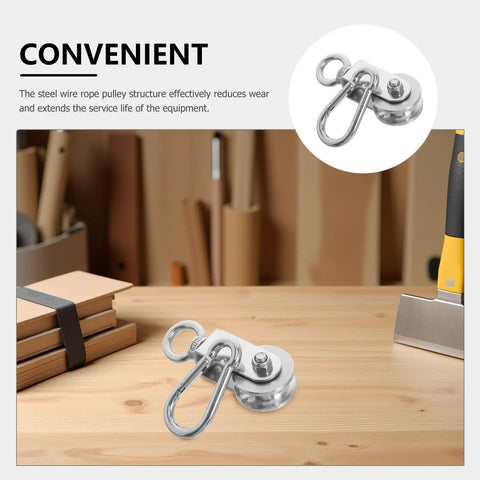 Heavy Duty Stainless Steel Cable Pulley System With Dual Bearings For Wire Rope, Smooth Operation, Hanging Track Roller For Industrial And Home Use, Built Tough, Low Friction Performance, Easy Install And Durable Construction on wooden workbench