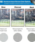 Aluminum insect screen color options: Silver, Charcoal, Black for Top Shelf Aluminum Insect Screen Mesh Roll, 72 Inch by 100 Foot.