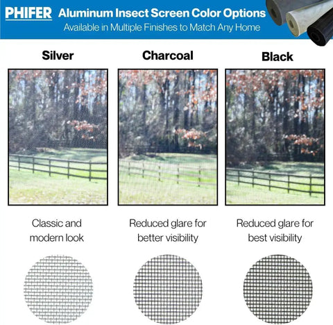 Aluminum insect screen color options: Silver, Charcoal, Black for Top Shelf Aluminum Insect Screen Mesh Roll, 72 Inch by 100 Foot.