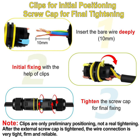 Instructions for Tool-Free Press-In Outdoor Junction Box Kit With 3 Pin Connectors, IP68 Waterproof, showing wire insertion and sealing steps.