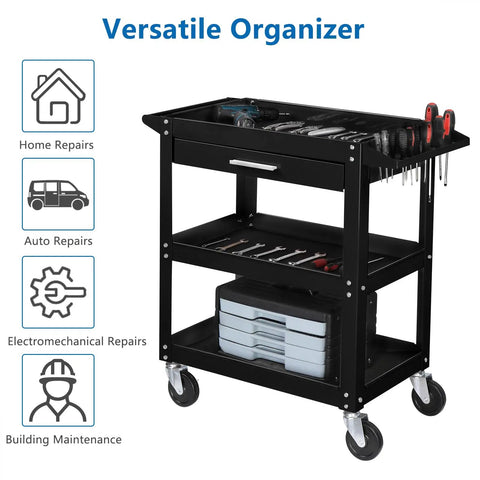 Beefy Three Tier Rolling Tool Cart With Drawer On Wheels, 330 LBS Capacity Heavy Duty Utility Cart With Two Brakes, Industrial Steel Tool Organizer For Garage, Mechanic Shop, Warehouse And Repair Bay. Black steel rolling tool cart with drawer and three shelves.