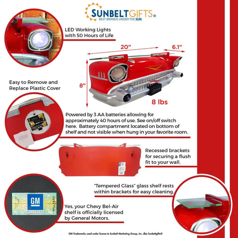 Diagram of 1957 Chevrolet Bel Air Floating Wall Shelf With LED Headlights, tempered glass, and installation details.