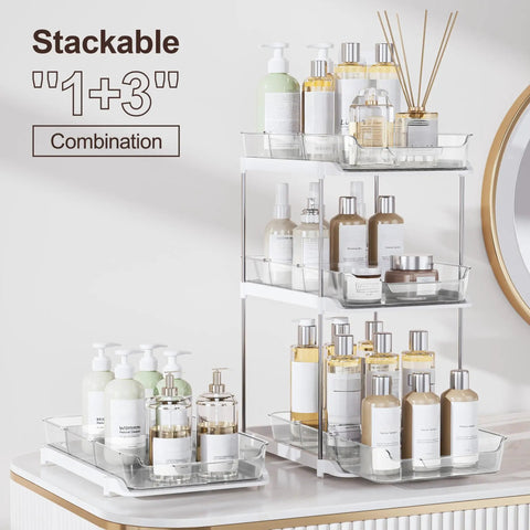 Super Handy Two Tier Under Sink Organizers And Bathroom Storage Solutions For Cabinets And Kitchen Pantries With Smooth Slide Out Drawers And Fully Adjustable Dividers In Bright White Two Pack, featuring stackable containers for cosmetics.