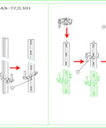 Diagram showing installation of heavy duty gate hinge pins for T post fence, highlighting top and bottom pins, washers, and lock.