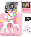 Kids Instant Print Camera Awesome Toy, 1080P HD Digital Camera For Girls Ages 3-8, 8MP Photos And Instant Black And White Prints, Easy Beginner Camera For Creative Play And School Projects; pink unicorn design with paper rolls